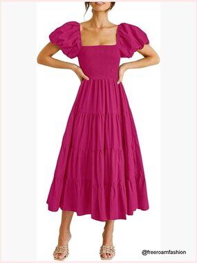 Summer Midi Dress Puffy Sleeve Square Neck Smocked Tiered Ruffle Fit Flare